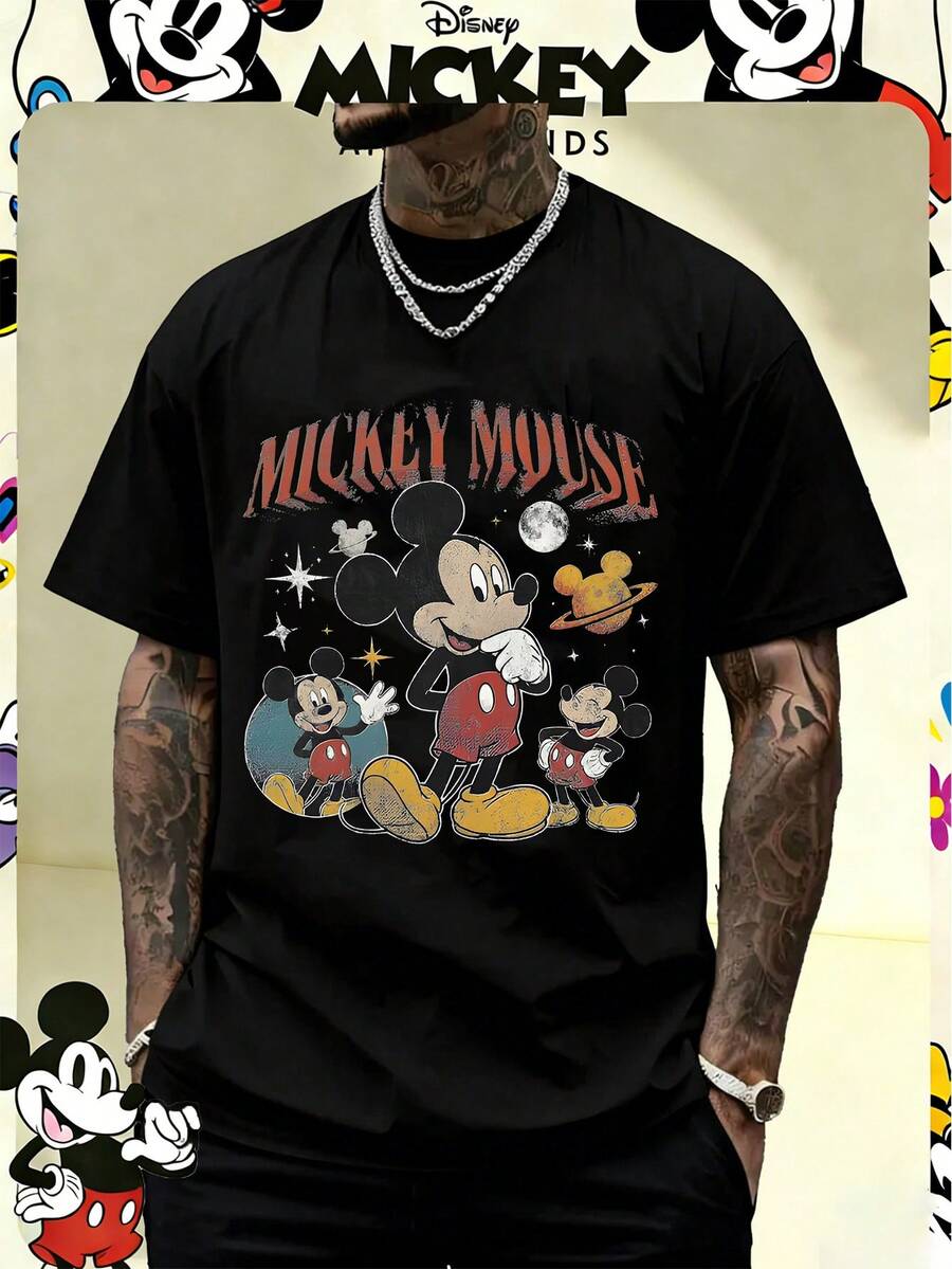 Disney Officially Licensed Mickey Mouse Space Retro Graphic 220g 100% Cotton T-Shirt, Unisex Regular Fit Casual Streetwear - 黑色 - 查看 1