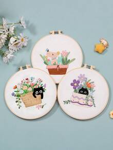 1 Set Embroidery Kit Suitable For Beginners, With Cat And Floral Pattern, 1 Set Includes 1 Embroidery Cloth + 1 Embroidery Hoop + 2 Embroidery Needles + 1 Set Of Colored Threads + 1 English Instruction Manual - Style a Material Package - View 2