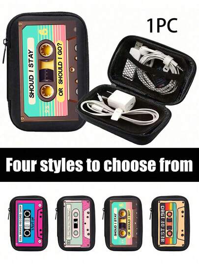 1 pieza Bolsa de almacenamiento mini portátil con patrón de radio, bolsa de almacenamiento para cargador de teléfono y cable de datos, bolsa de cargador con estampado de letras, bolsa de almacenamiento con estilo de billetera con cremallera para cable de datos, bolsa de almacenamiento de productos digitales, bolsa de almacenamiento de productos electrónicos, organizador de cables, bolsa de almacenamiento de tecnología impermeable para viajes, unisex