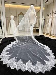 3 Meters Long Lace Bridal Veil With Eyelashes, Ivory Cathedral Wedding Veil With Comb - Multicolor - View 2