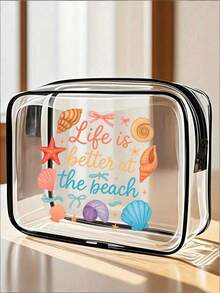 贝壳沙滩夏季字母图案多功能透明防水PVC包，旅行化妆包，旅行洗漱包，旅行洗漱包，主题沙滩包，男女通用，迎接夏天，商务旅行，浴室用品，旅行必备，邮轮必备，女士派对装扮（拉链款式随机） - 黑與白 - 查看 12