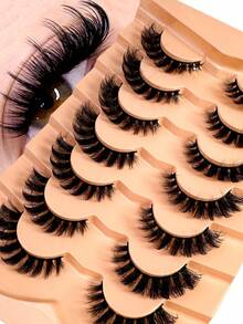 7对/包 自然蓬松仿貂毛假睫毛，迷人凌乱毛绒假睫毛，8D纤长浓密假睫毛，狐狸眼提拉妆效，整条假睫毛，睫毛嫁接 - 黑色 - 查看 2