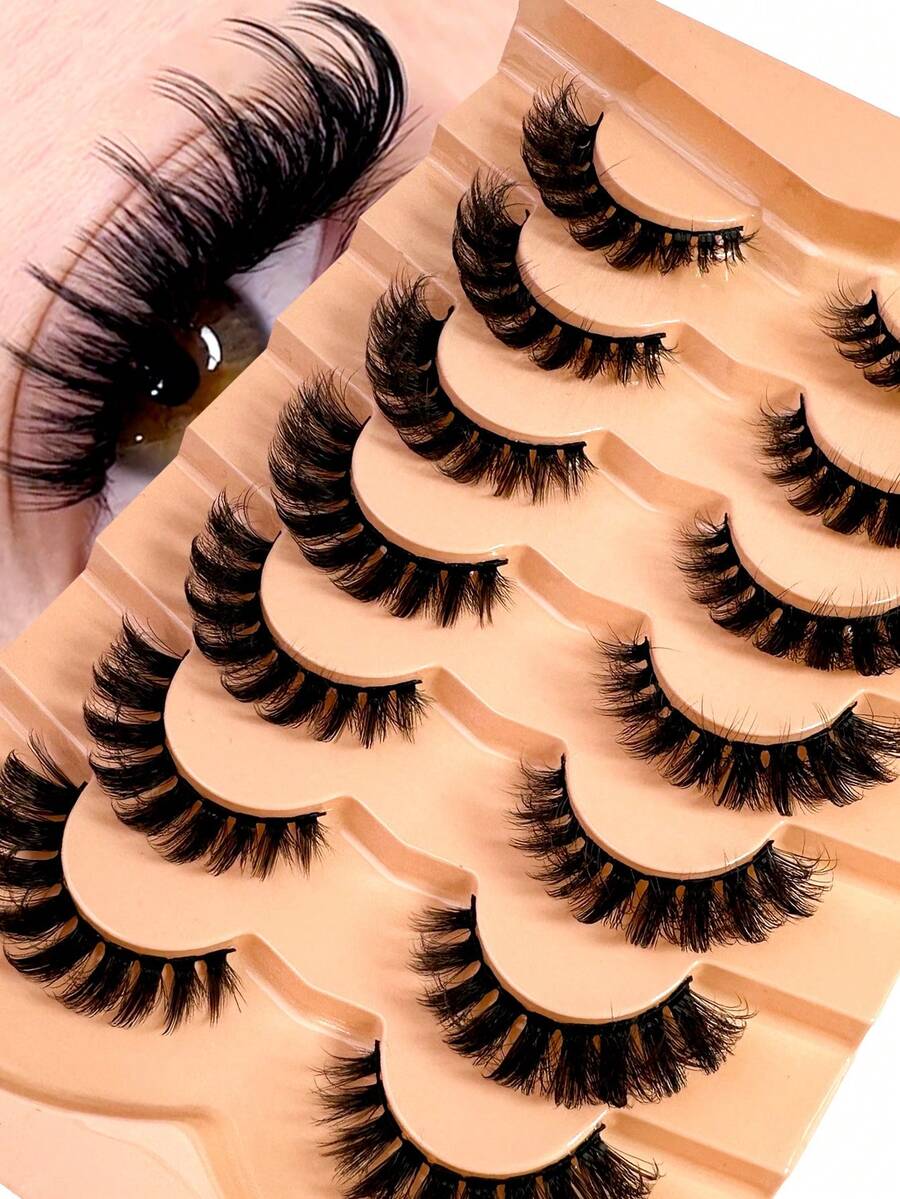 7对/包 自然蓬松仿貂毛假睫毛，迷人凌乱毛绒假睫毛，8D纤长浓密假睫毛，狐狸眼提拉妆效，整条假睫毛，睫毛嫁接