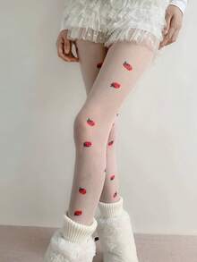 1 Pair White/Black Lightweight Sweet Strawberry Pattern Lolita Style Stockings, Suitable For Spring/Summer - Multicolor - View 7