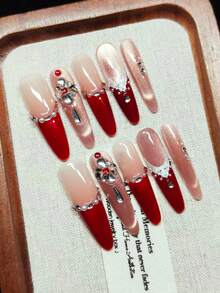 Handmade Nail Polish, Press-On Artificial Nails, French Style, High-End Texture. Pink Cat-Eye, Shiny. White Lace, Various Glittering Rhinestones, A Girl's Gift, Reusable. - Red - View 3