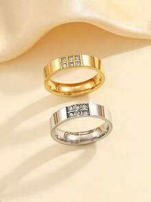 2 piezas Juego de anillos minimalistas de moda de acero inoxidable con baño de oro, incrustados con rhinestones blancos, adecuados para uso diario de mujeres o como regalo - Multicolor - Ver 2