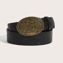 1条女士复古圆形扣环黑色印花腰带，适合日常穿着 - 黑色 - 查看 6