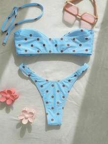 New Fashionable Sexy Polka Dot Print Strapless Detachable Strap Bikini Swimsuit For Women, Beach Party Vacation - Baby Blue - View 3