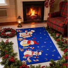Festive Non-Slip Christmas Kitchen Rug, Washable Mats With Rubber Backing, Snowman & Snowflake Design, Perfect For Entryway/Hallway - Blue - View 2