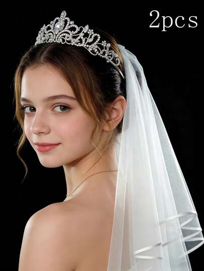 2pcs Bridal Headpiece Set - Headpiece For Wedding Ceremony, Including Girl's Veil And Crown - Girls Dress Up - Little Princess Crown, Party Accessories - Headband - Hair Clips - Veil