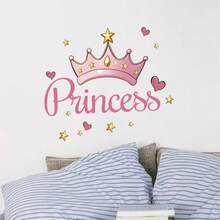 Pink Princess Crown Wall Sticker, Decor For Girls Room, Heart Cartoon Sticker, Birthday Gift - A - View 1