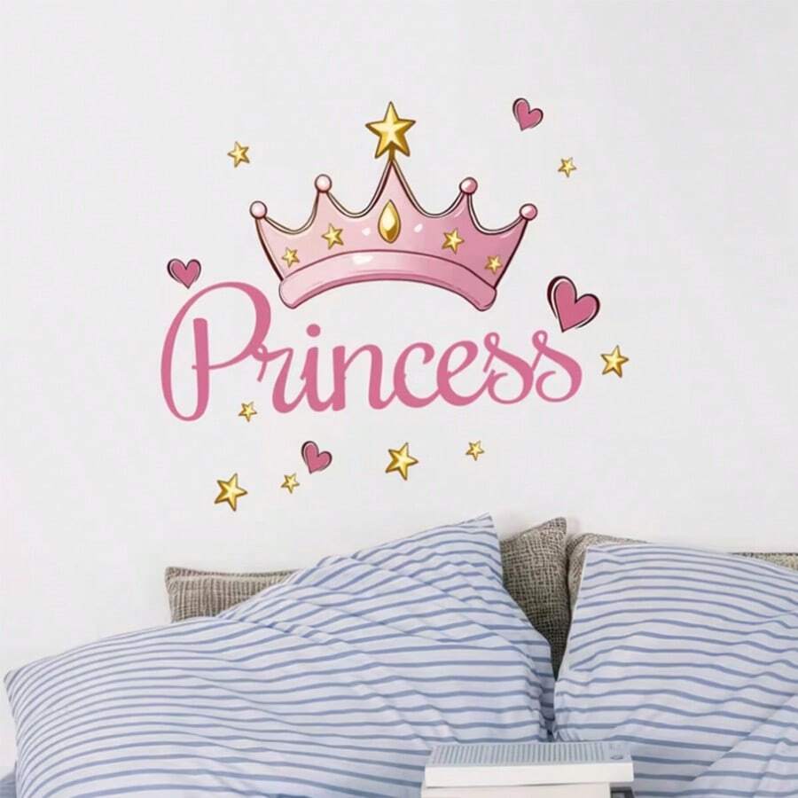 Pink Princess Crown Wall Sticker, Decor For Girls Room, Heart Cartoon Sticker, Birthday Gift - A - View 1