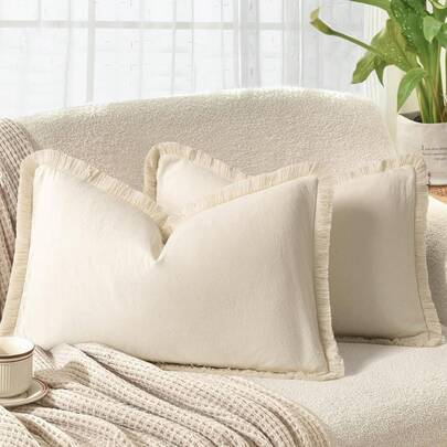 1 pieza Funda de almohada decorativa de algodón lavado con borlas de 20*12 pulgadas (sin incluir el relleno de la almohada), estilo rústico para decoración del hogar, versátil para dormitorio, sala de estar, balcón, comedor, sofá, cojín de cama