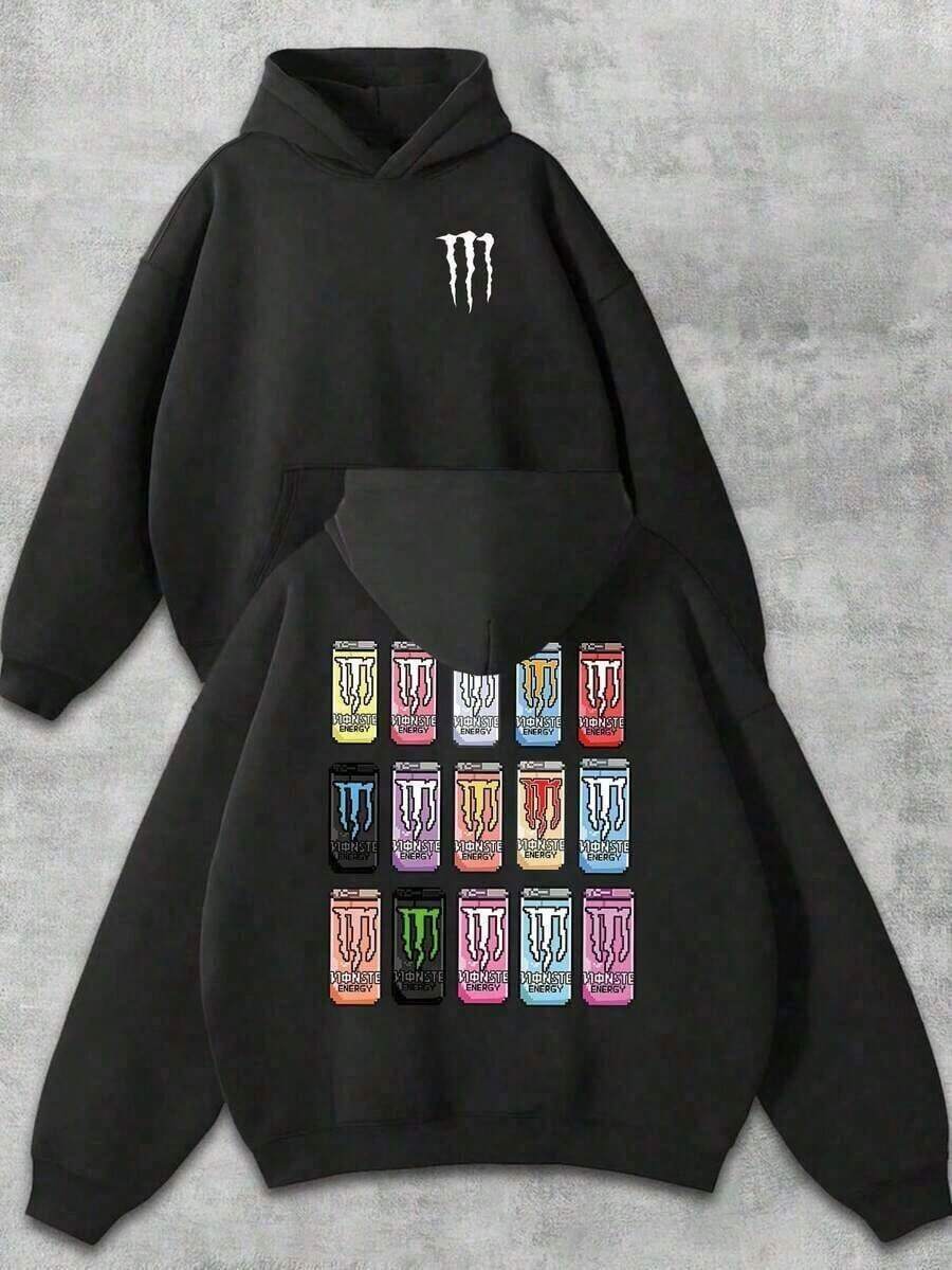 Men's 250g Pixel Style  Drink Pattern Double-Sided Print Hoodie With White Claw Logo And  Drink Pattern; Off-Road Bicycle, Motorcycle  Sports Top, Fox Racing  Apparel, Casual And Comfortable Long-Sleeve Pullover Hoodie, American-Style Men's Autumn And Winter Clothing, Loose Fit With Pockets, Available In Large Sizes, Suitable For Daily Wear And As A Gift. Y2Y-W-Mayja - 黑色 - 查看 1