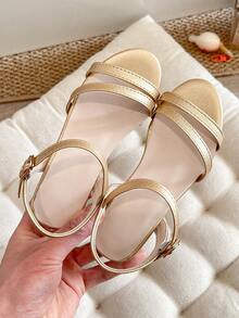 时尚女童高跟凉鞋 | 细款可调节踝带和透明粗跟 - 金色 - 查看 2