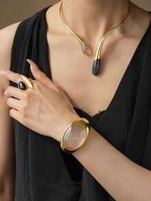 1 chiếc vòng tay bản rộng, sang trọng, cổ điển, viền vàng, đính đá Citrine tự nhiên, thích hợp làm quà tặng cho nữ giới hàng ngày, hẹn hò, dự tiệc, lễ hội âm nhạc, Giáng sinh, Ngày của Mẹ, Ngày Valentine. - vòng đeo tay - Xem 5