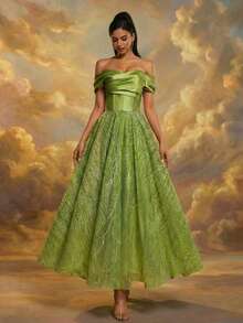 Smilprince Women's Long Party Dress, Sleeveless Off-Shoulder Ruched Design Flare Skirt - Olive Green - View 5