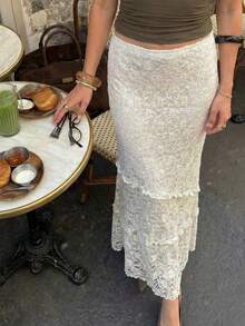 女士奶油色蕾丝长裙 | 层叠荷叶边半透明中长裙，适合度假和春季街头穿着 - 杏色 - 查看 3