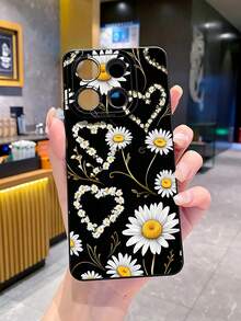 1 pieza Funda de teléfono con forma de corazón de crisantemo, impresión UV, compatible con modelos /Galaxy/Android - Negro - Ver 3