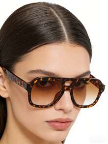 1pc Women's Casual Retro Square Double-Bridge Leopard Print Tinted Fashion Glasses, Fashionable For Daily Wear And Street Photography - Multicolor - View 3