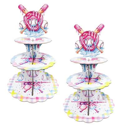 1pc 3-Tier Paper Cake Stand, Birthday Cake Dessert Display, Suitable For Teen Baseball Theme Party Decorations - Pink Baseball Birthday Party Supplies, Paper Cupcake Stand, Dessert Tower, Party Favors