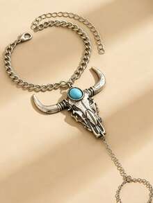 1件复古西部牛仔波西米亚风合金银色指节戒指手镯，适合音乐节和派对佩戴 - 連指手鍊 - 查看 4