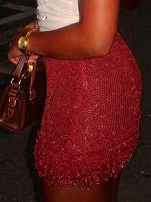 女士Y2K风格亮红色流苏针织迷你裙，性感修身设计，时尚休闲，适合音乐节、假日约会、日常休闲、海滩度假、海滩派对、鸡尾酒会等各种场合。春季必备 - 棗紅 - 查看 6