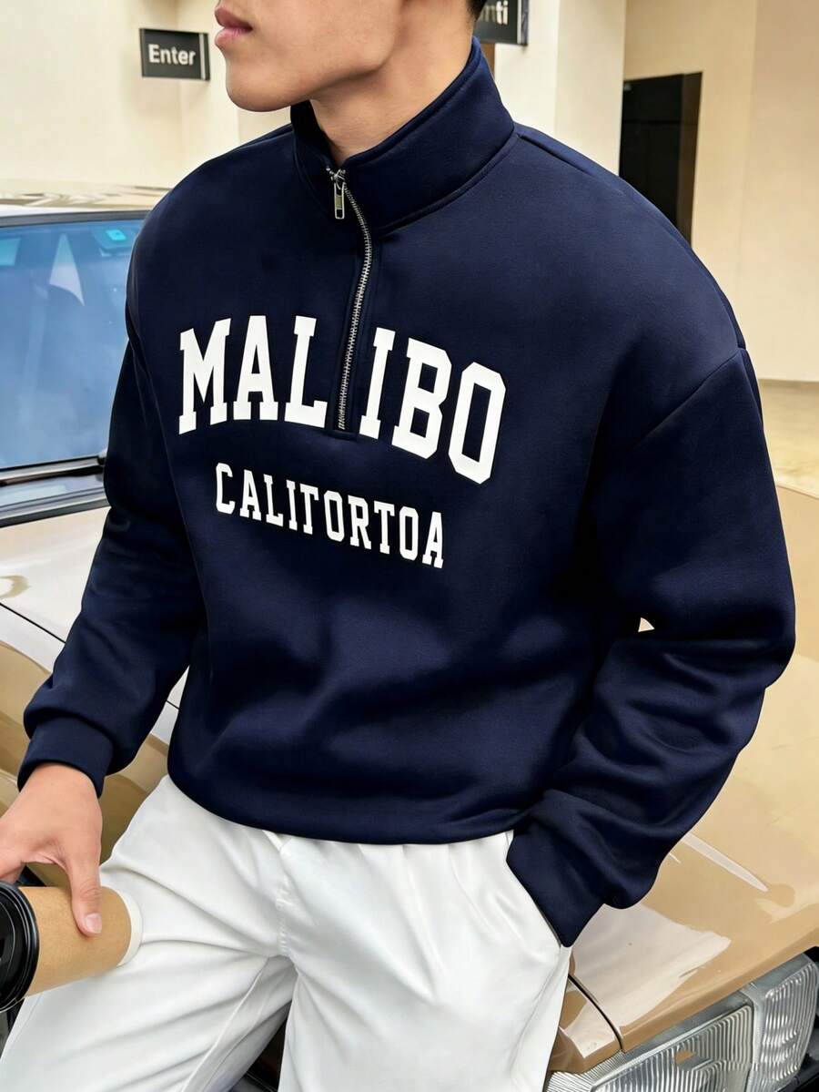 Manfinity Hypemode Sudadera con media cremallera y hombros caídos con gráfico de letras para hombre, otoño - Azul - Ver 1