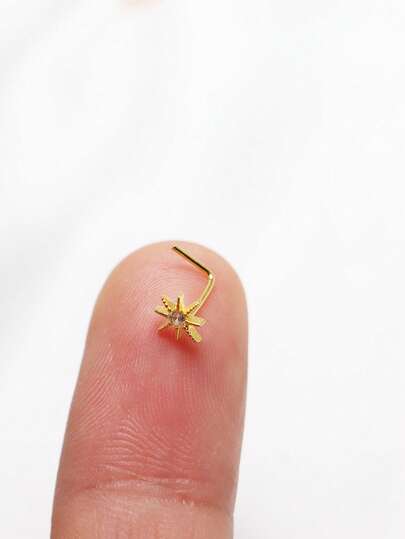 1件纯银鼻钉，太阳形状，闪亮透明水晶鼻钉，女士24G鼻钉，L形