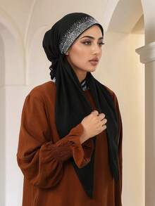 1件装女士亚麻弹力头巾帽，融合传统与现代风格，百搭时尚，适合日常通勤、文化活动、旅行、休闲聚会、宗教场合等。 - 燙鑽款 - 查看 12