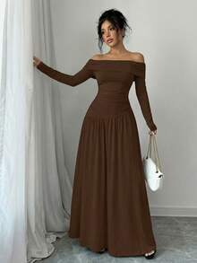 Solid Color Off-Shoulder Ruffle Asymmetric Waist Long Sleeve Elegant Maxi Dress For Women, Suitable For Party, Date, Back To School, Autumn/Winter Spring - Chocolate Brown - View 9