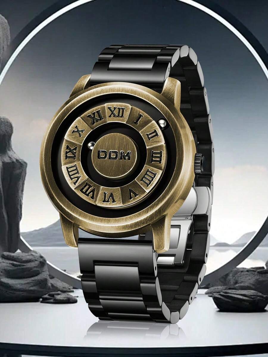 DOM 1pc Men's Watch, Retro Roman Numeral Dial Quartz Waterproof Wristwatch, Unique Magnetic Levitation Technology, Leather & Steel Strap, Suitable For Gifts And Daily Wear - Bronze Dial With Steel Strap - View 1