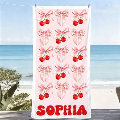 1 adet Pembe Kurdeleli Kiraz Desenli Plaj Havlusu, Süper Emici, Hafif, Kum Tutmayan, Hızlı Kuruyan Havlu, Yumuşak Mikrofiber, Plaj, Havuz, Spor Salonu, Banyo, Kamp ve Seyahat İçin Uygundur