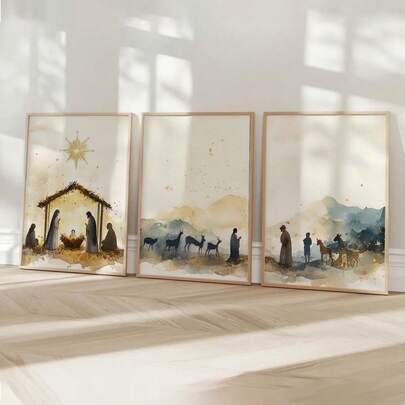Bộ 3 tranh canvas không khung, tranh phong cảnh Chúa Giáng Sinh, tranh trang trí tường theo phong cách Cơ Đốc giáo, chân dung Chúa Giê-su, tranh nghệ thuật Giáng Sinh tôn giáo.