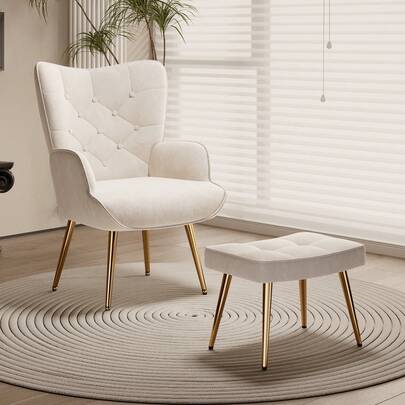 Nalupatio Velvet Tub Chair With Matching Ottoman, High Back Accent Armchair With Gold Legs, Comfy Cozy Reading Chair For Living Room, Bedroom, Includes Matching Ottoman, Winged Backrest Ergonomic Design, Spacious Seat With High-Density Foam, Sturdy Metal Frame 150kg Capacity, Vintage-Inspired Style, Luxurious Fabric, Easy Assembly Relax Chair For Bedroom, Lounge, Reading Nook