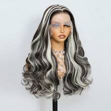 Peluca sintética resistente al calor con onda corporal, color marrón oscuro, de 26 pulgadas, 13x6, con cabello bebé y encaje transparente en el frente para mujeres - Resaltar Rubio - Ver 3
