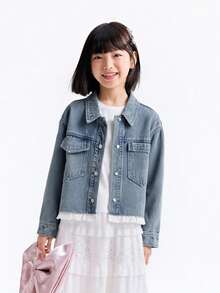 Annil Girls' Ruffled 2 In 1 Denim Jacket, Spring New Versatile Utility Style Cardigan - Medium Blue Jeans - View 3