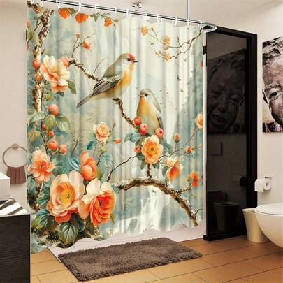 Pastoral Shower Curtain With Watercolor Floral & Bird Design - 70.87x70.87inch Polyester Fabric Bath Curtain With Hooks, Hand Wash Only, -Themed Bathroom Decor, Easy Maintenance