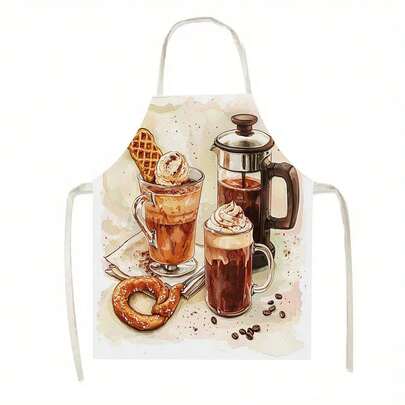 1件水彩风格咖啡饮品和小吃图案围裙，适用于厨房、客厅、餐厅、酒店和户外烧烤等场合。采用100%涤纶面料，轻便透气，可机洗。