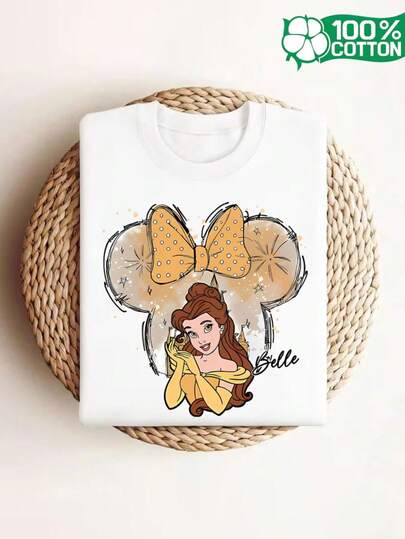 Authorized By Disney, Disney Princess Belle Mickey Cartoon Printed Short-Sleeved T-Shirt With 100% Cotton, Which Is A Must-Have In Summer And A Gift For Disney Lovers.
