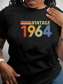 Camiseta Deportiva Casual para Mujer - Camiseta de Poliéster con Estampado de Letras Vintage 1964, Cuello Redondo, Lavable a Máquina, Apta para Todas las Temporadas - Negro - Ver 1