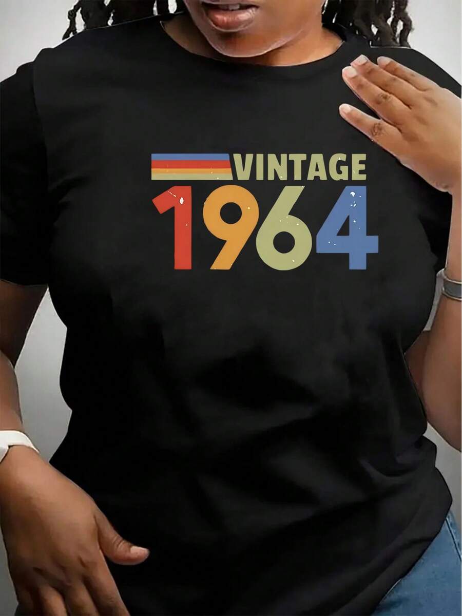 Camiseta Deportiva Casual para Mujer - Camiseta de Poliéster con Estampado de Letras Vintage 1964, Cuello Redondo, Lavable a Máquina, Apta para Todas las Temporadas - Negro - Ver 1