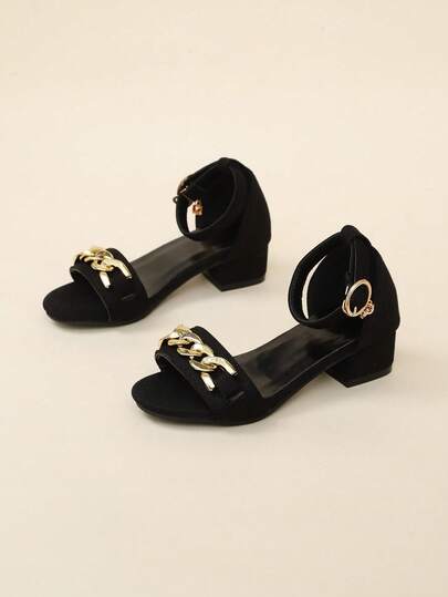 1 Pair Black Velvet Leather Girls' High Heel Shoes With Shiny Gold Chain Decor, Classic Round Toe 3CM Chunky Heel Non-Slip Sole, Fashion Luxury Platform Sandals Suitable For 3-15 Years Old Female Students Daily, Casual, Travel, Street, Campus Wear, Spring/Summer New Arrival