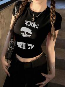 女士圆领短袖T恤，美式风格，夏季新款骷髅图案和字母印花，修身时尚露脐上衣，休闲黑色 - 黑色 - 查看 6