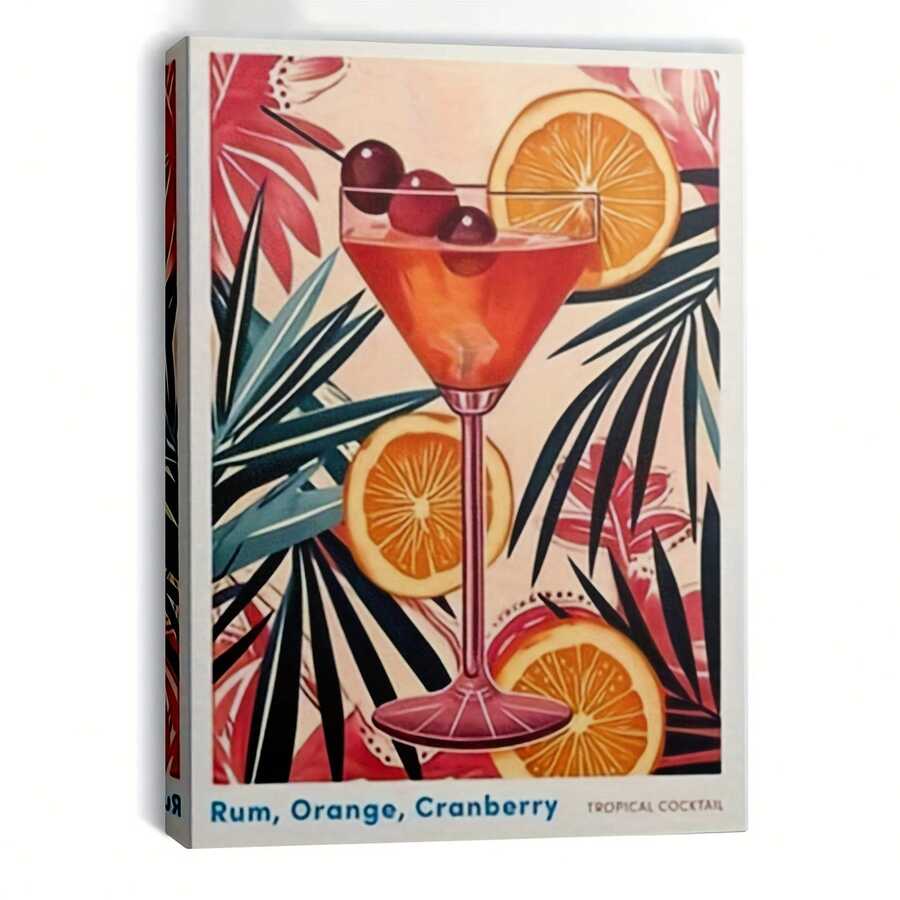 1pc Framed Tropical Cocktail Art Poster - Vibrant Rum, Orange, Cranberry Theme Canvas Wall Decor With Palm Leaves & Citrus Slices, Perfect For Home Or Beachy Room Decoration, Cocktail Party Decorations - 有框架 - 查看 1