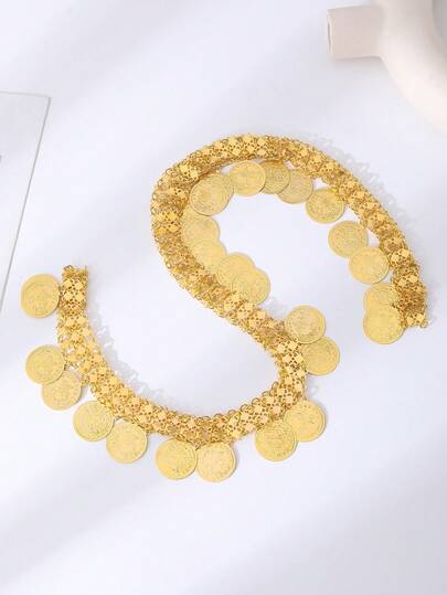 1pc Luxury Elegant Women's Body Chain With Coin Pendant, Arabic Style Dress Accessory Jewelry Chain For Festival And Party