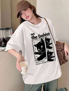 Camiseta holgada y casual de mujer con estampado de gato y letras, tops lindos, camisetas gráficas, atuendos de maestro - Blanco - Ver 6