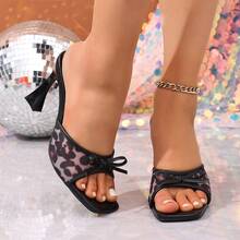 Fashionable Leopard Print Mesh High Heel Mule Sandals, Square Toe Stiletto Slip-On Dress Sandals For Women - Mauve Purple - View 7