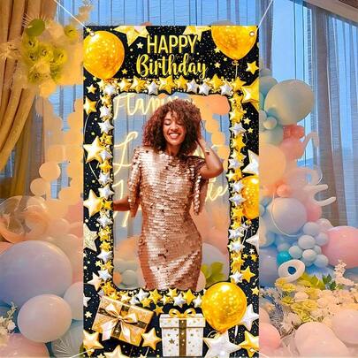 1件装，生日派对相框横幅 - 大型生日装饰，涤纶相框背景，适用于生日派对装饰、拍照道具 - 易于安装的室内外派对装饰、节日设计、轻便材质、活动策划、生日相框、派对装饰及配件