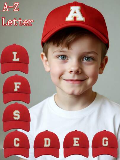 儿童个性化A-Z字母红色棒球帽 - 男女通用可调节遮阳帽，适合3-16岁儿童，是户外活动和休闲装扮的理想之选